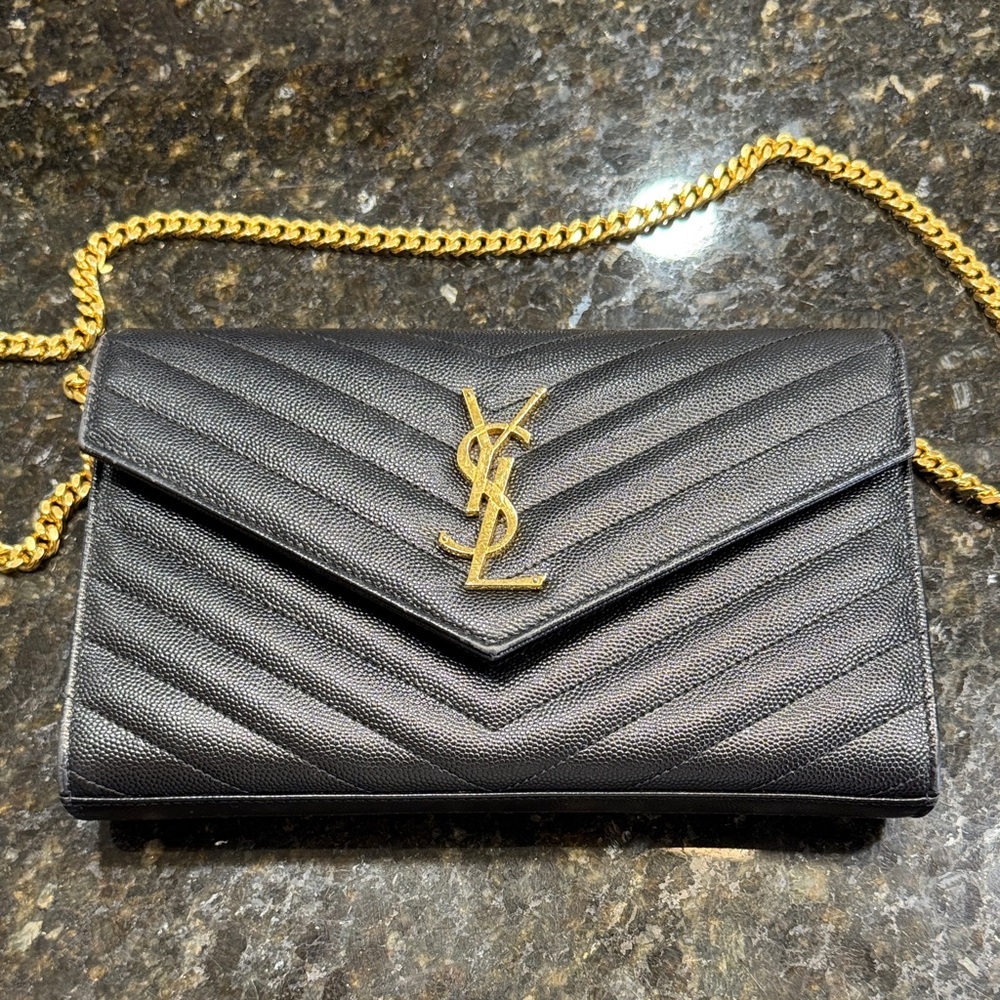 Yves Saint Laurent Black Chevron Leather Clutch with Gold Chain